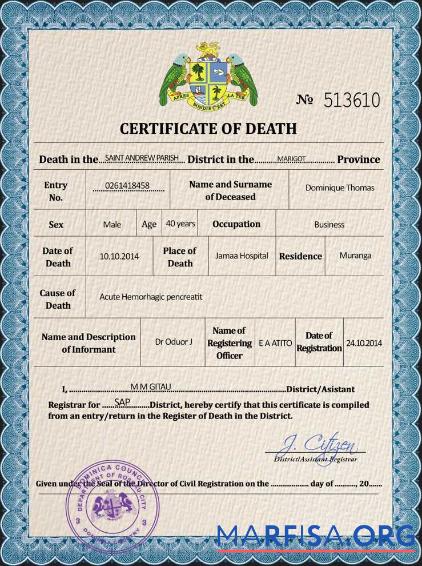 Downloadable Dominica vital record death certificate PSD template